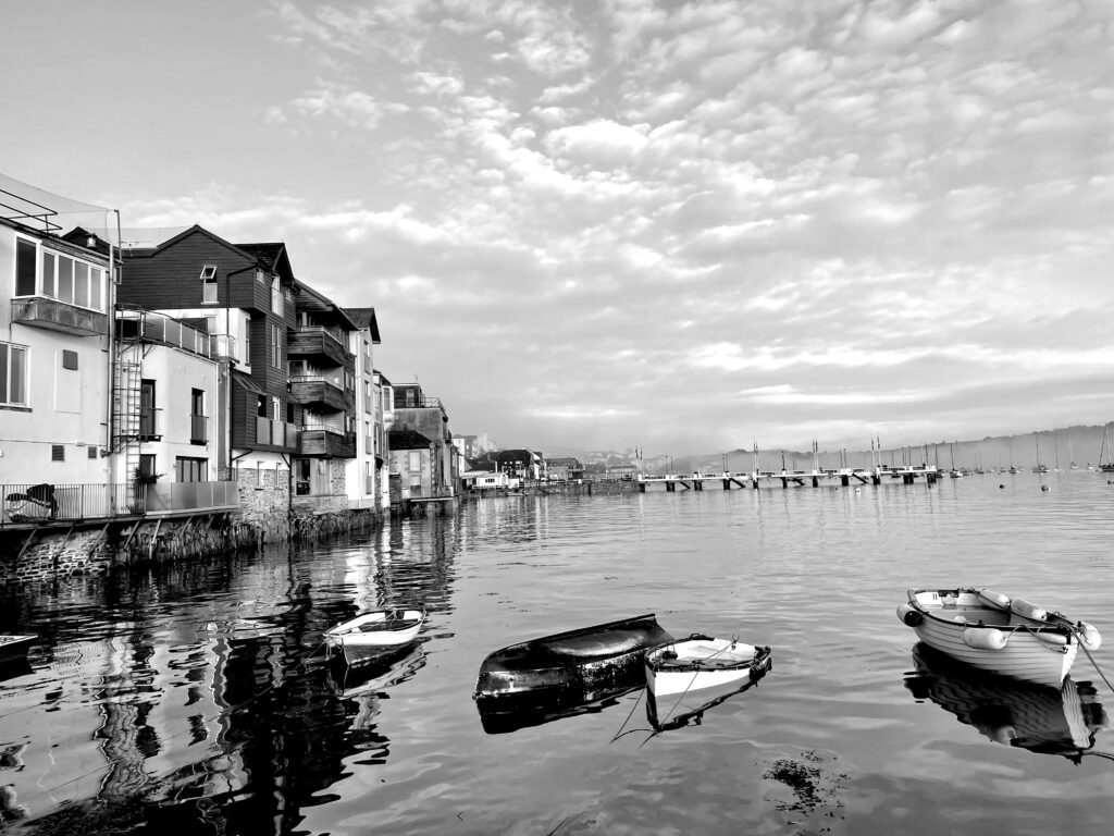 Black and white photo of boats on Falmouth Harbour